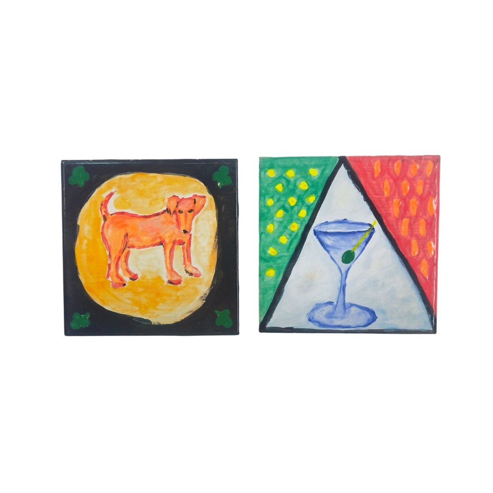 Vintage Hand Painted Ceramic Art Tiles Dog Martini Glass Set of 2 Multicolor 6x6